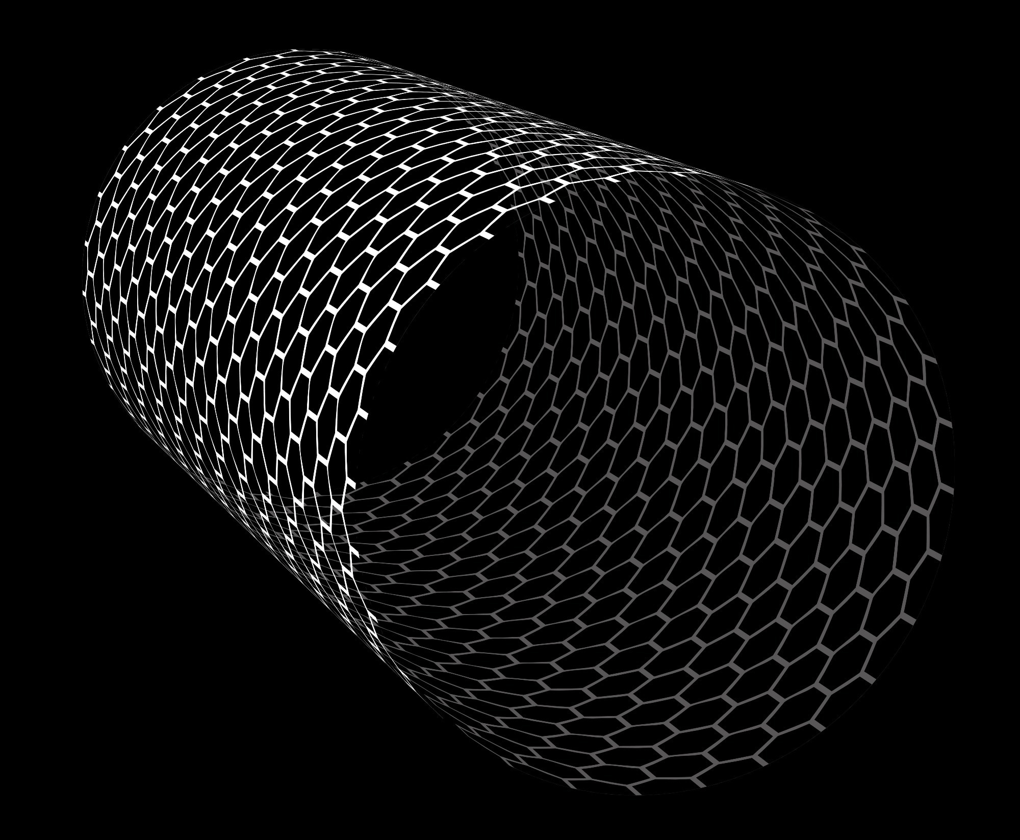3D illustration of a carbon nanotube with a hexagonal lattice structure, shown in a cylindrical shape on a black background.