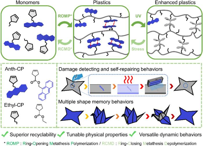 Schematic illustrations of smart plastic materials capable of damage detection, self-healing, and multi-shape memory properties. Image Credit: Korea Institute of Science and Technology