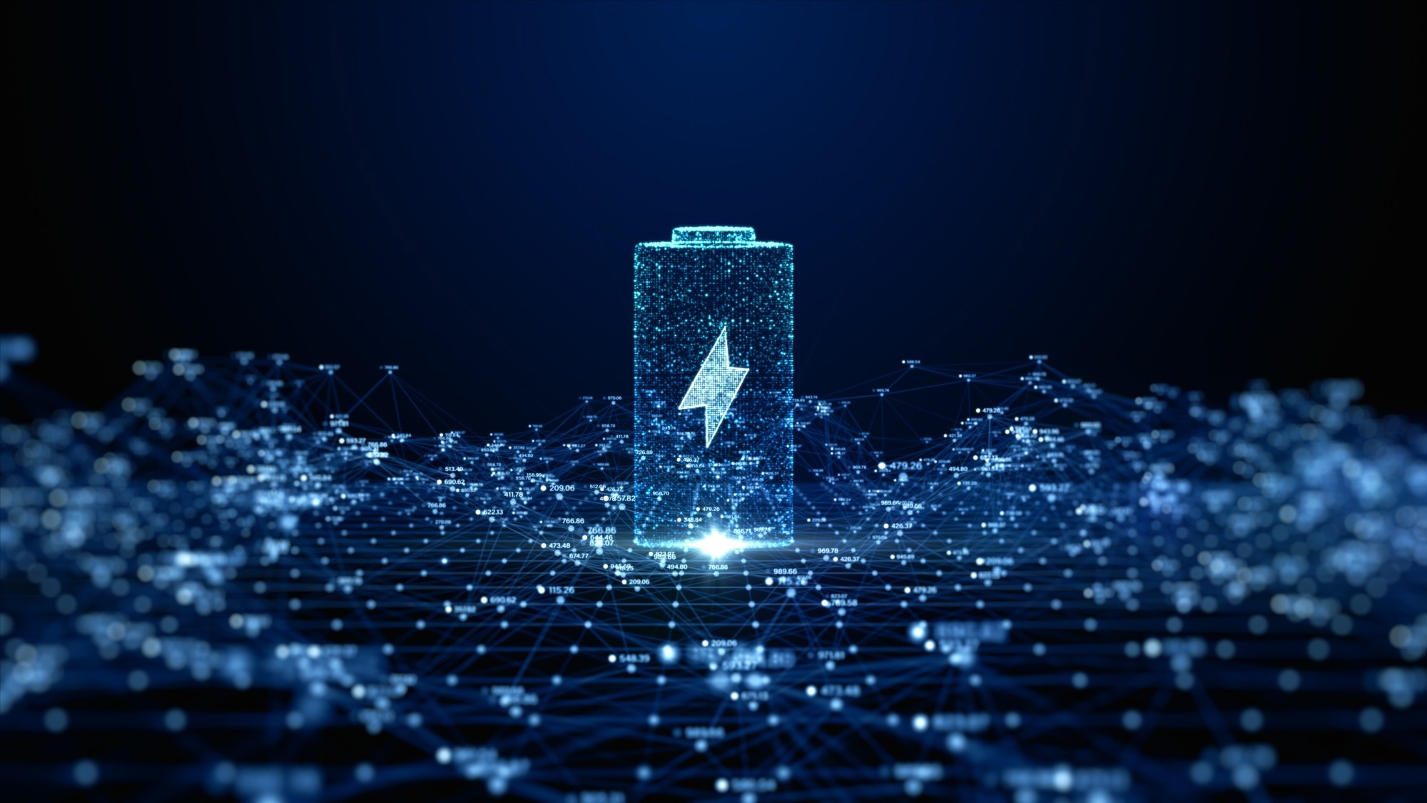 Illustration of a battery icon with a glowing lightning bolt symbol, surrounded by a network of interconnected nodes