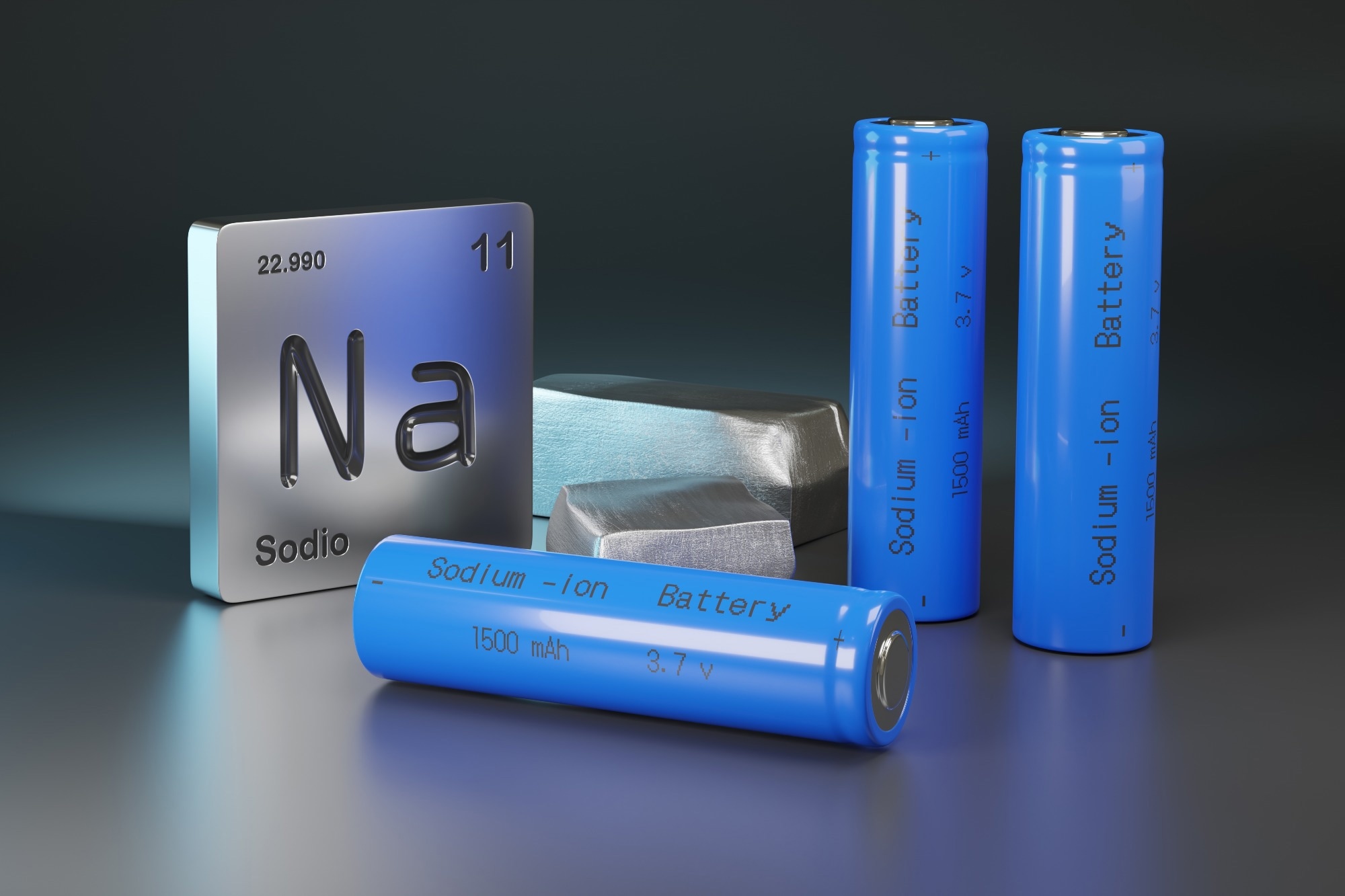 Sodium - ion batteries , metallic sodium and element symbol in spanish. 3d illustration.