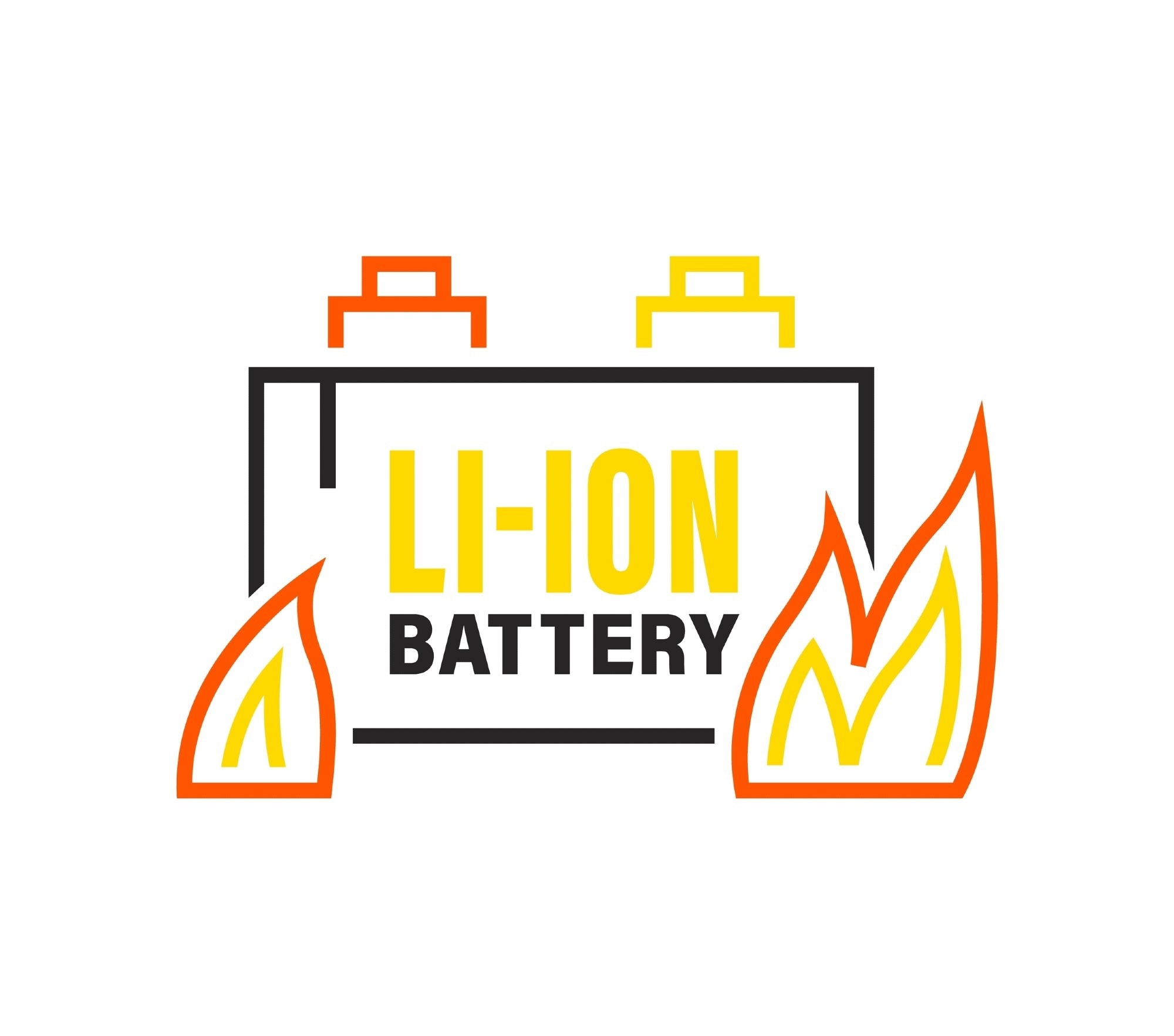 Illustration of a lithium-ion battery with flames on either side.