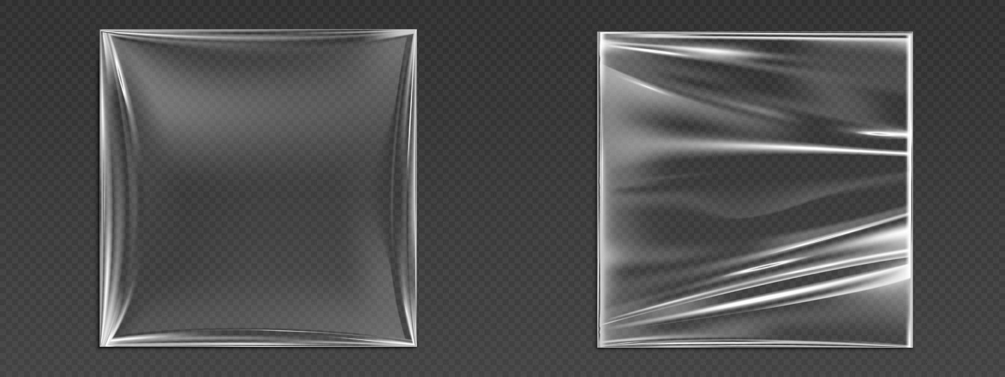 Two transparent polymer sheets side by side—one smooth and the other visibly stretched and wrinkled—illustrating mechanical deformation in flexible materials.