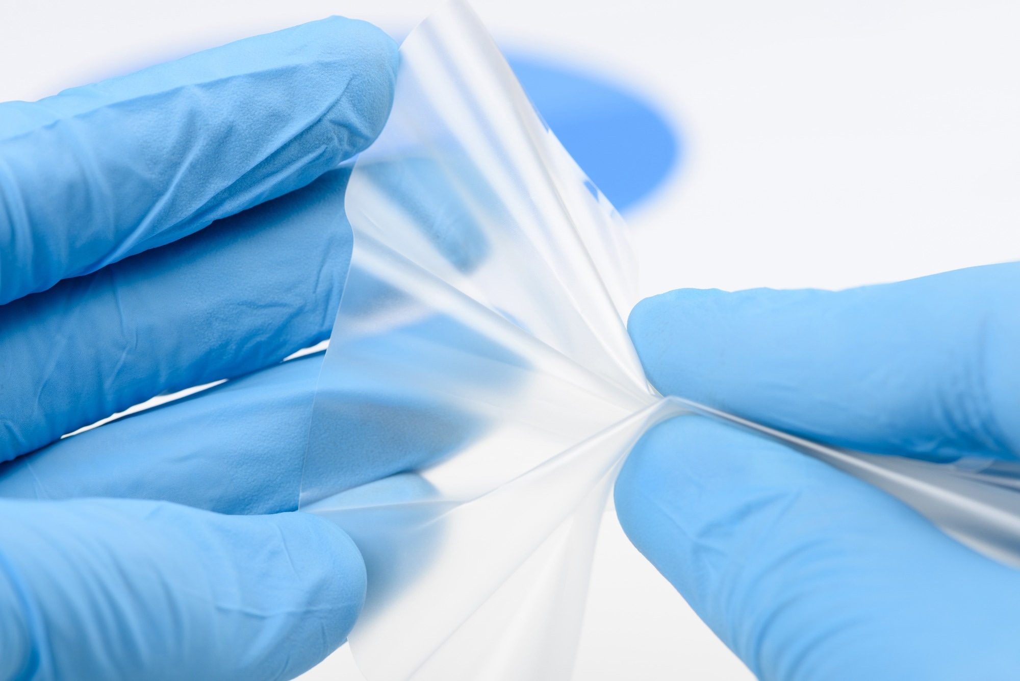 Researcher hold and bend flexible transparent plastic like thin film material in laboratory. Concept of discovery for material with new properties