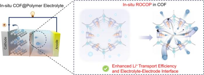 Solid polymer electrolytes formed in situ via covalent organic framework-induced ring-opening copolymerization. Solid polymer electrolytes with a high lithium-ion transference number and desirable interfacial compatibility. Li? migration mechanisms investigated with density functional theory and molecular dynamics simulations.