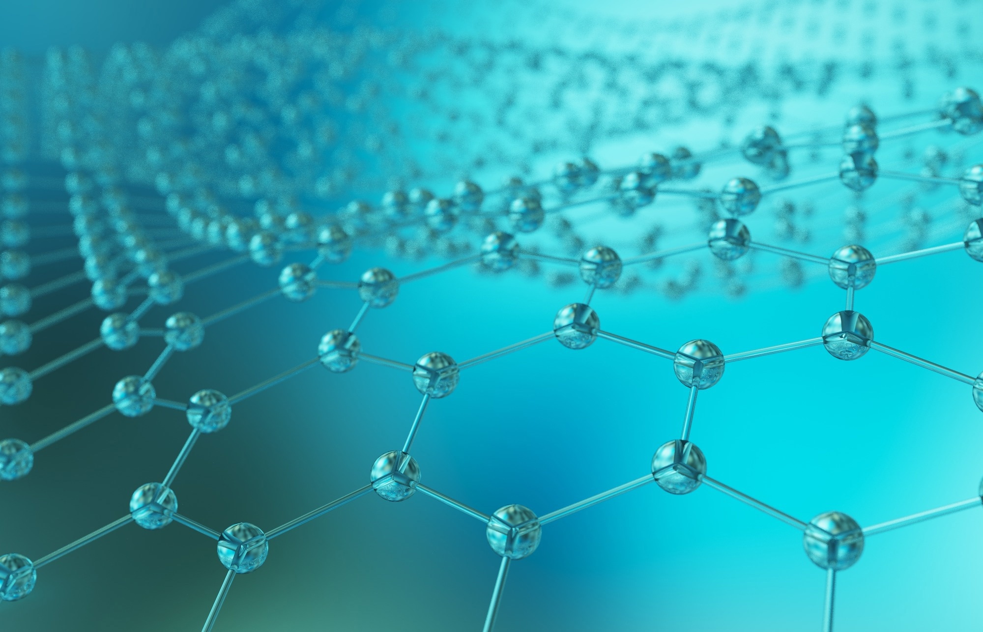 Graphene render in blue with translucent bubbles representing carbon atoms. Teal/blue background.