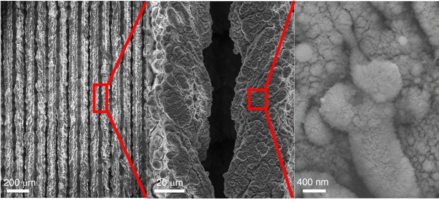SEM images of the nanostructured SWBM surface under different magnifications (scale bar left to right, 200 μm, 20 μm, and 400 nm). Paper: Additive-free and brine-discharge-free solar-thermal desalination with simultaneous complete mineral mining from ocean water