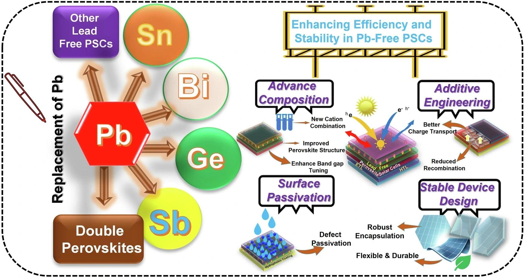 Graphical summary to illustrate lead-free alternatives and key strategies to improve efficiency and stability of LFPSCs.