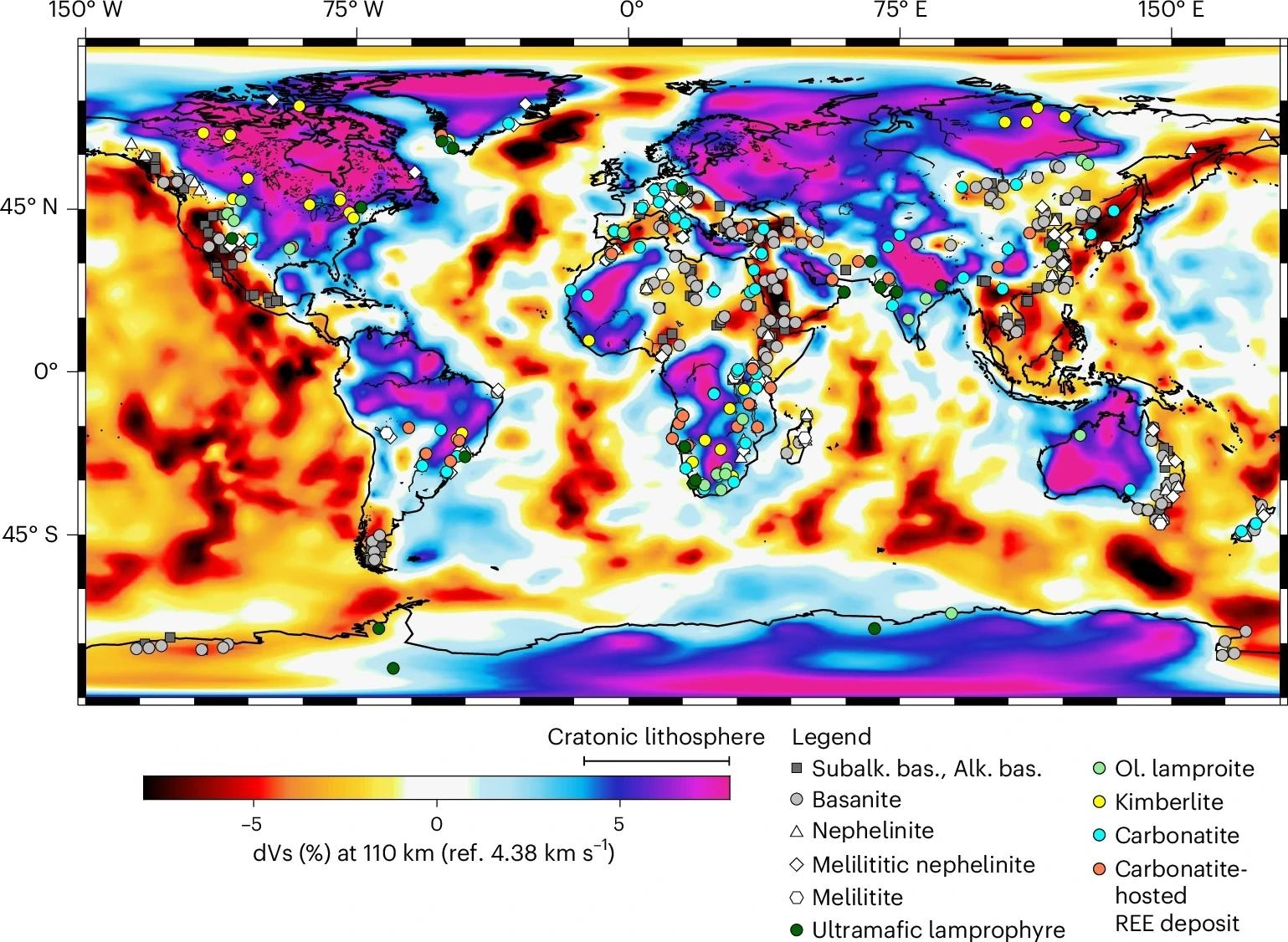 Samples have been spatially averaged into 4° × 4° bins for clarity. Cratonic lithosphere is characterized by velocity anomalies >4% above the reference value (4.38 km s−1).  Shear-wave velocity anomalies are from the SL2013 tomographic model. Alk. bas., alkali basalt; Ol. lamproite, olivine lamproite; REE, rare-earth element; Subalk. bas., subalkaline basalt.