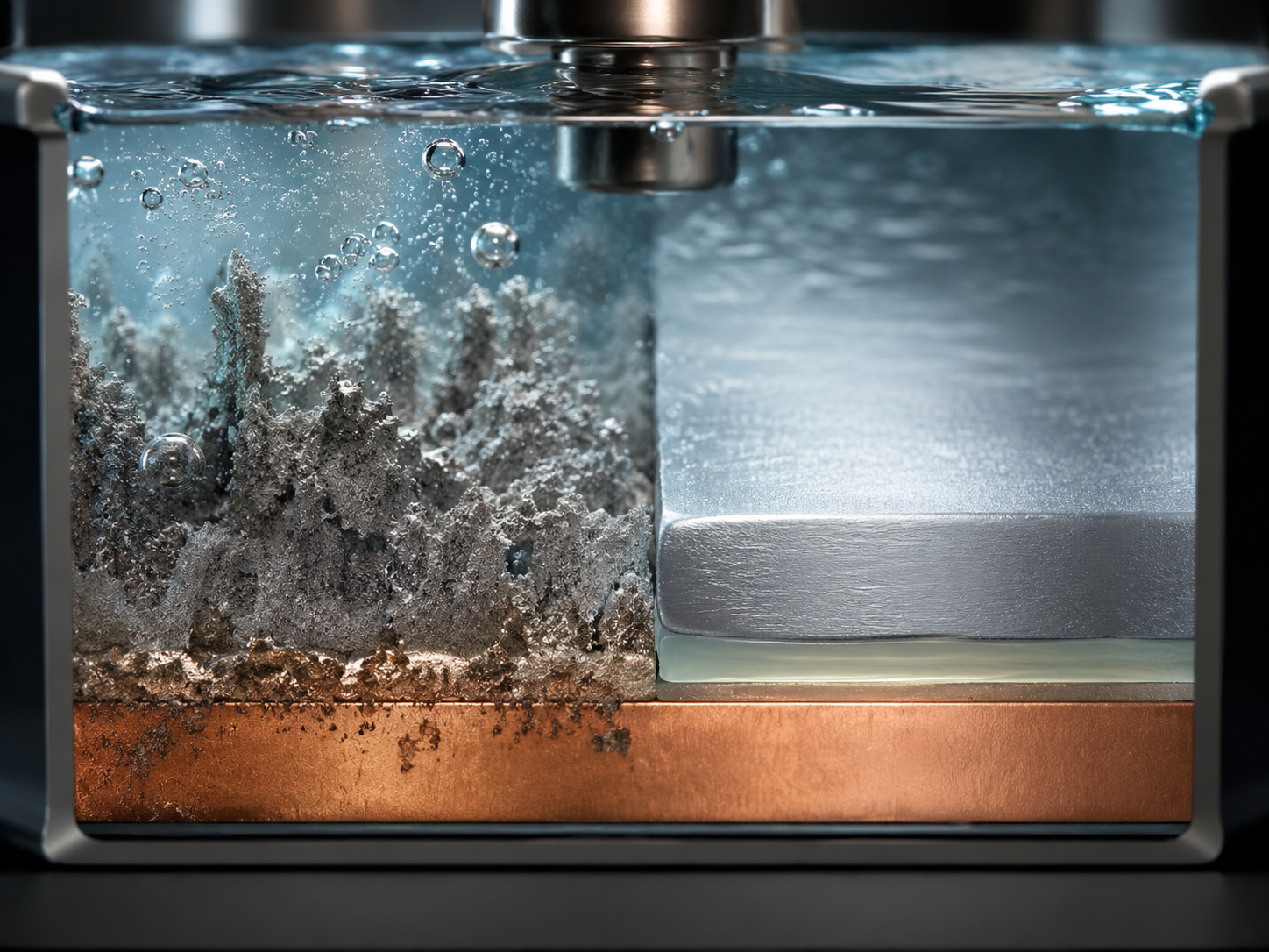 Battery cell cross-section with corrosion and plating. Credit: AI-generated image / OpenAI