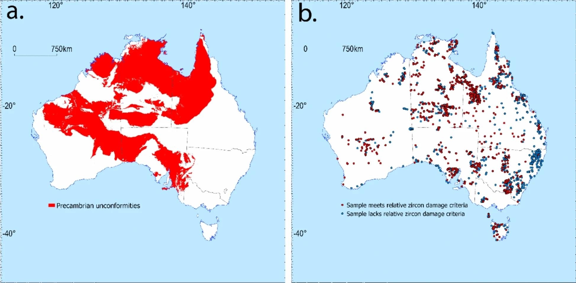 (a) Map of Precambrian unconformities derived from published 3D chronostratigraphic surfaces and their associated isochores (Vizy et al., 2024) and (b) map of individual zircon spot analyses from Geoscience Australia’s SHRIMP (Geoscience Australia, 2025) indicating which analyses demonstrate an age ≥ 1000 Ma, ≥ 20% discordance, and > 50 ppm U, used as a proxy for relative zircon damage (metamictization)