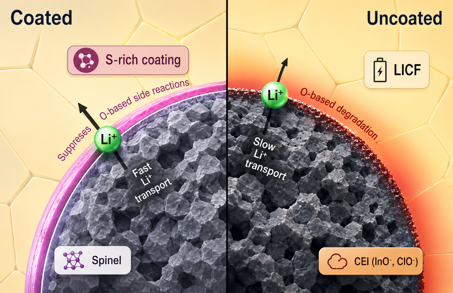 Schematic illustration of the thiourea-derived coating strategy. The thiourea-derived coating suppresses oxygen-related interfacial degradation and facilitates Li<sup>+</sup> transport through the surface spinel layer, resulting in improved cycling stability and rate capability of the LRMO positive electrode. Image adapted from fig 5. Jin, F., Zhao, W., et al. (2026). Thiourea-derived coating enabled a lithium-rich manganese oxide positive electrode in solid-state batteries. Nature Communications. DOI: 10.1038/s41467-026-75215-1 using ChatGPT/OpenAI
