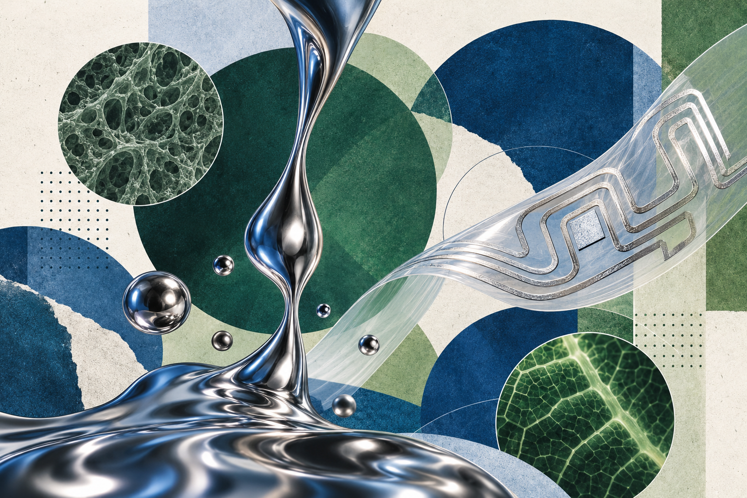 Paper: Printed liquid metals for next-generation stretchable electronics. AI-generated abstract conceptual image created using ChatGPT/OpenAI