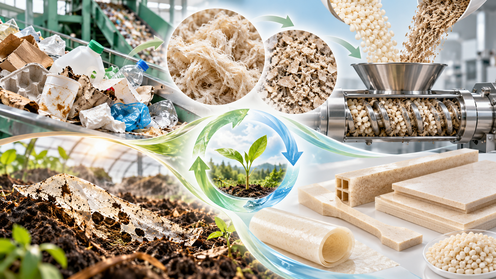 Paper: Direct upcycling of unrecyclable household waste into biodegradable high-performance biocomposites. AI-generated abstract conceptual image created using ChatGPT/OpenAI