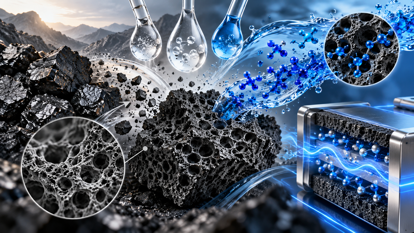 Paper: Residual minerals tune coal-derived porous carbon for adsorption and energy storage. AI-generated abstract conceptual image created using ChatGPT/OpenAI