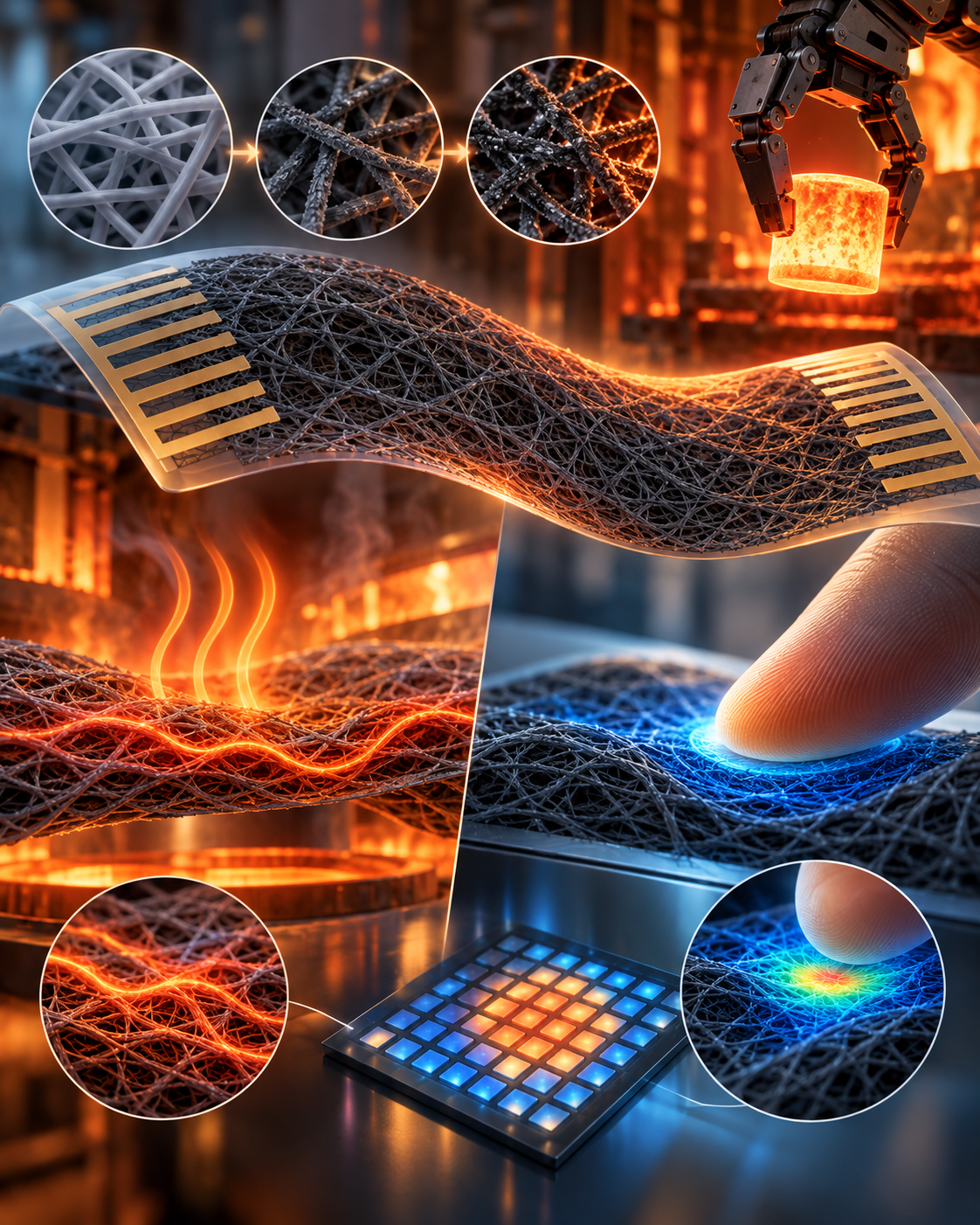 Paper: An integrated polyacrylonitrile fiber mat sensor for simultaneous temperature and pressure monitoring in high-temperature environments. AI-generated abstract conceptual image created using ChatGPT/OpenAI