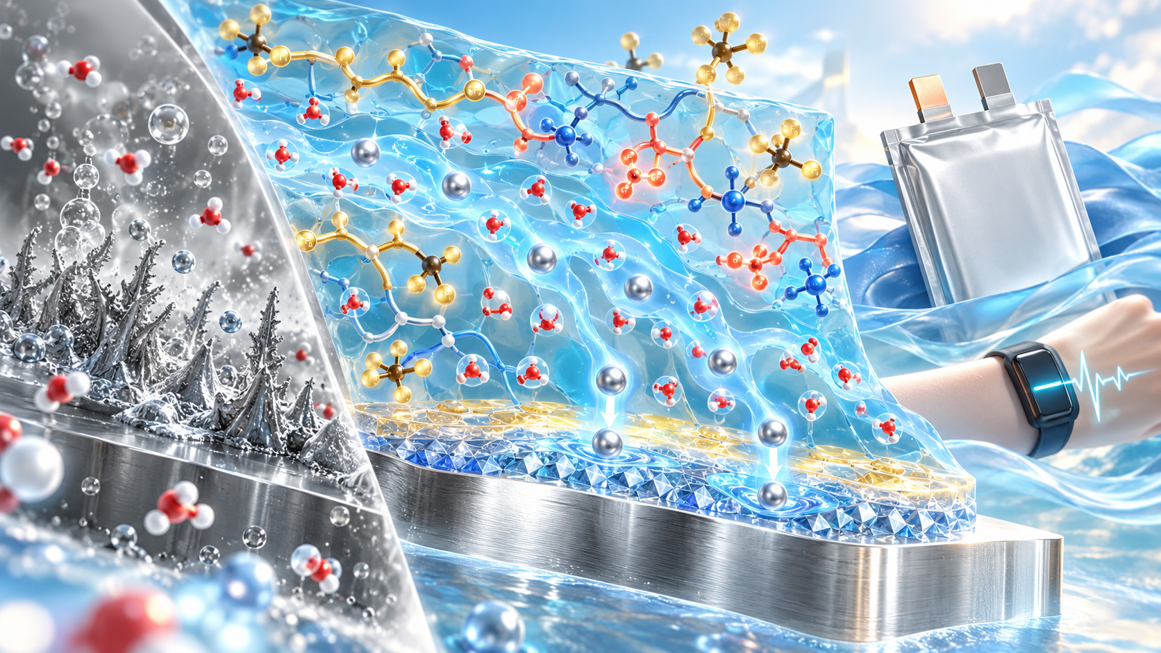 Paper: Molecularly engineered zwitterionic-fluorinated hydrogel electrolyte for durable Ah-level zinc-ion batteries. AI-generated abstract conceptual image created using ChatGPT/OpenAI