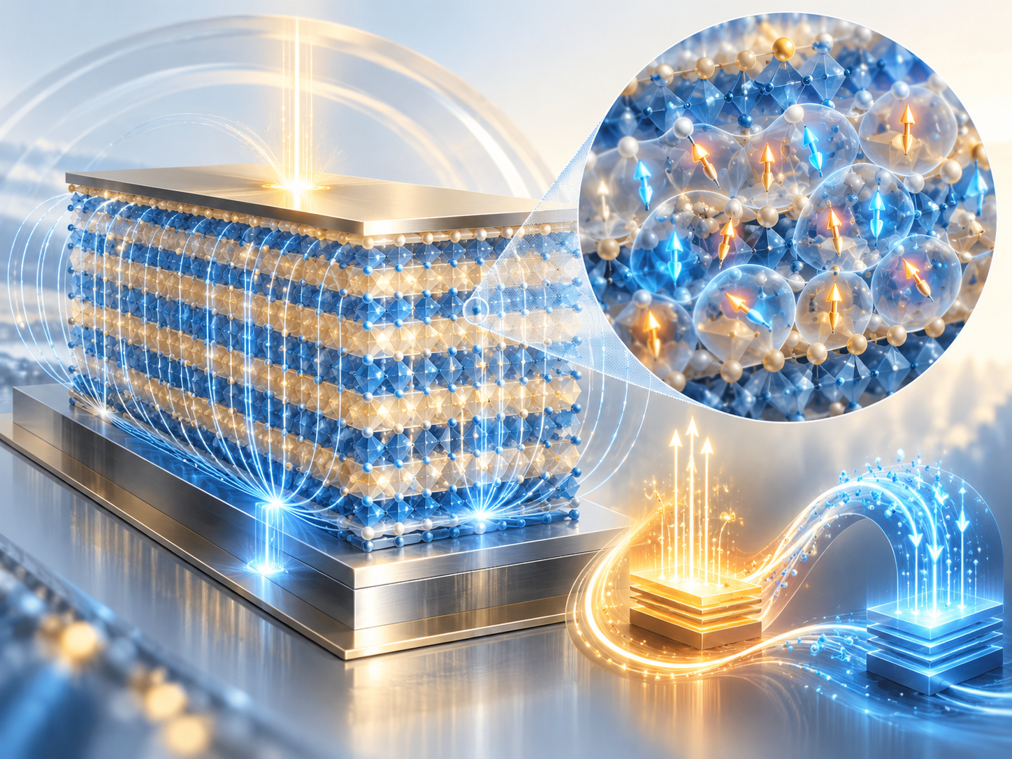 Paper: Superlattice Engineering in Relaxor Ferroelectric-based Capacitors for Ultra-Highly Efficient Recoverable Energy Storage Density. AI-generated abstract conceptual image created using ChatGPT/OpenAI