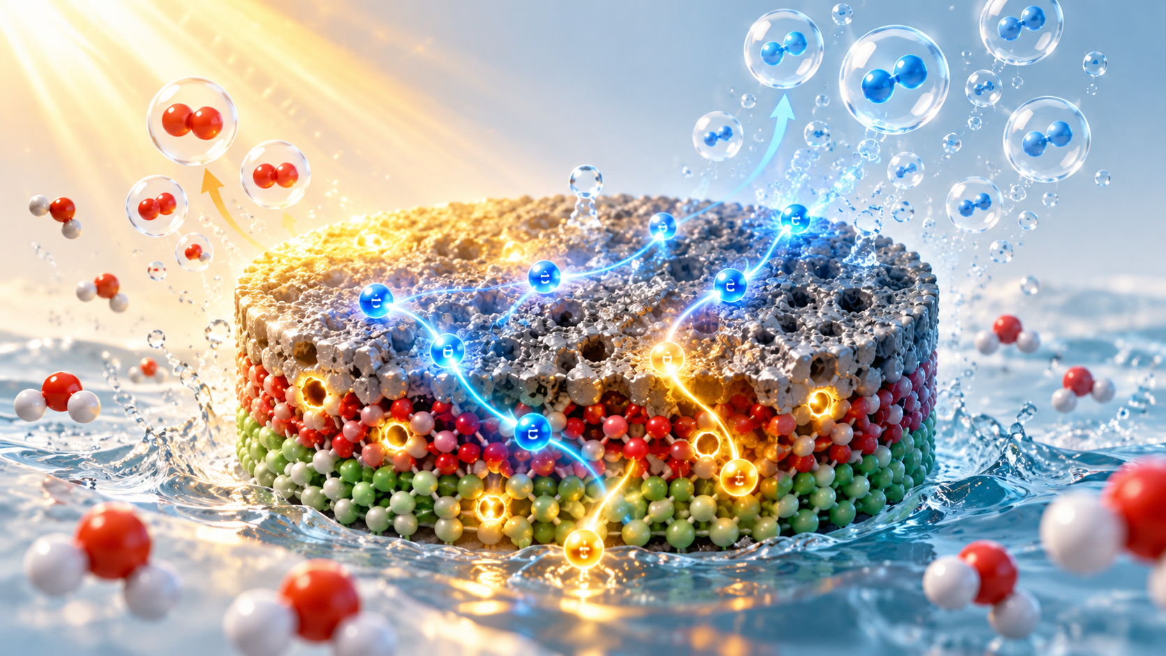 Paper: Stable and efficient n-type scaffolded semiconductor for photocatalytic hydrogen production under tungsten light irradiation. AI-generated abstract conceptual image created using ChatGPT/OpenAI
