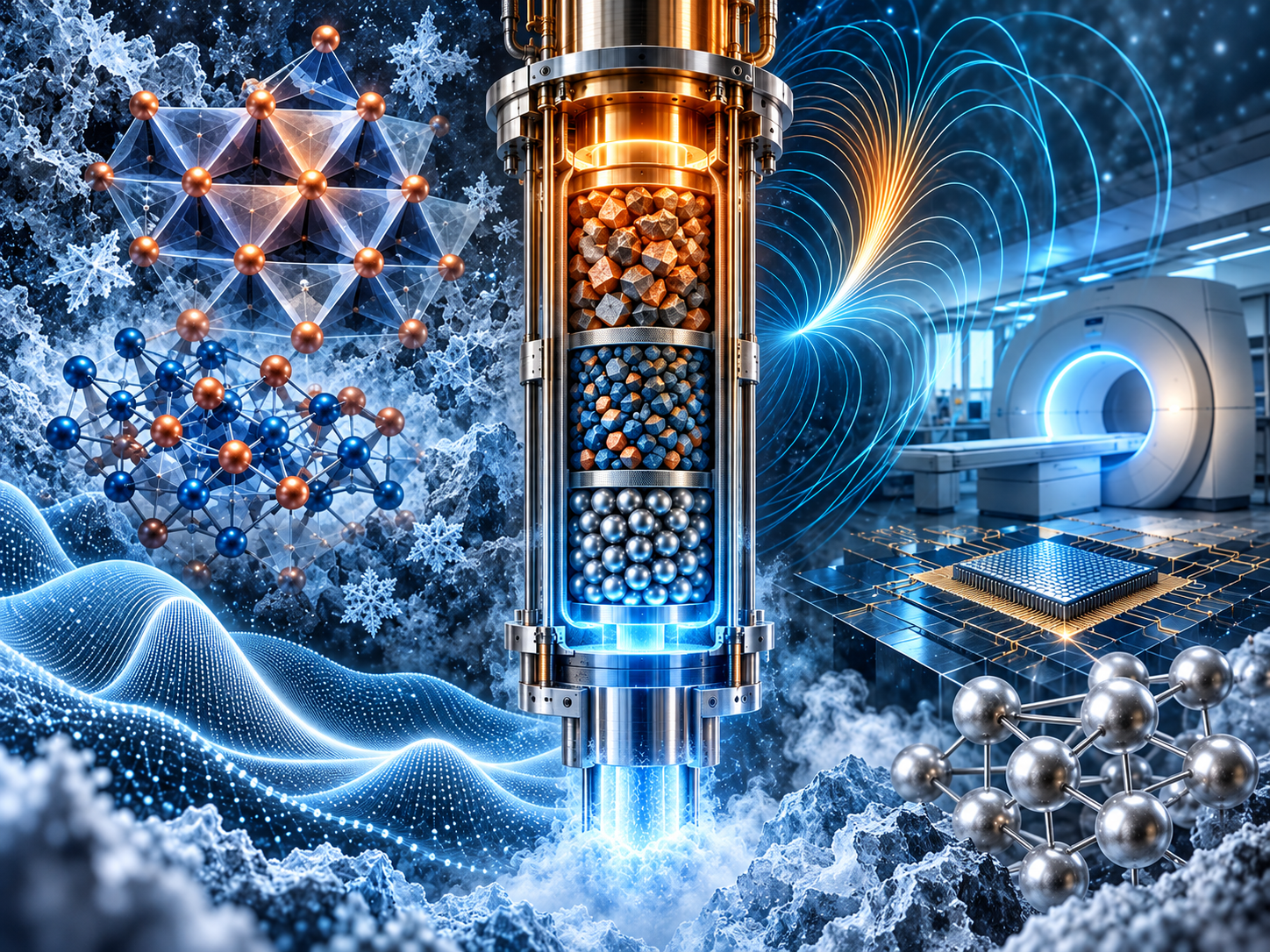 Paper: Rare-earth-free regenerator materials for enhanced 4-K cryocooler performance. AI-generated abstract conceptual image created using ChatGPT/OpenAI