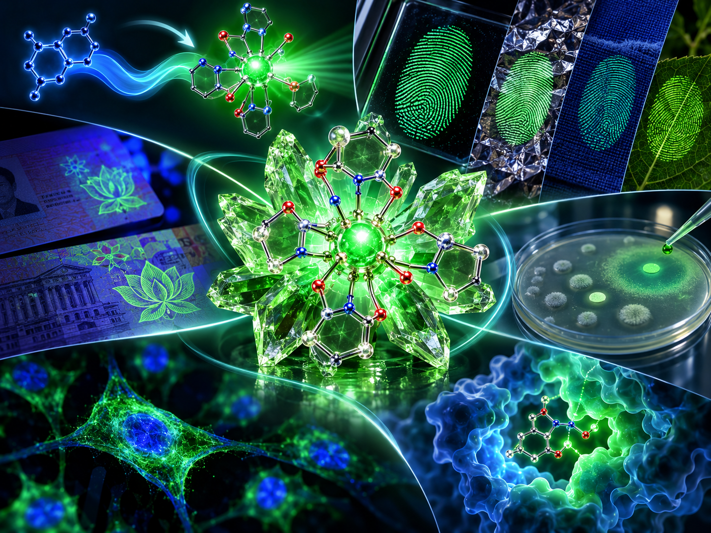 Paper: A multifunctional Tb3+–salicylic acid hydrazide phosphor for anti-counterfeiting, forensic fingerprint visualization, and biological applications. AI-generated abstract conceptual image created using ChatGPT/OpenAI