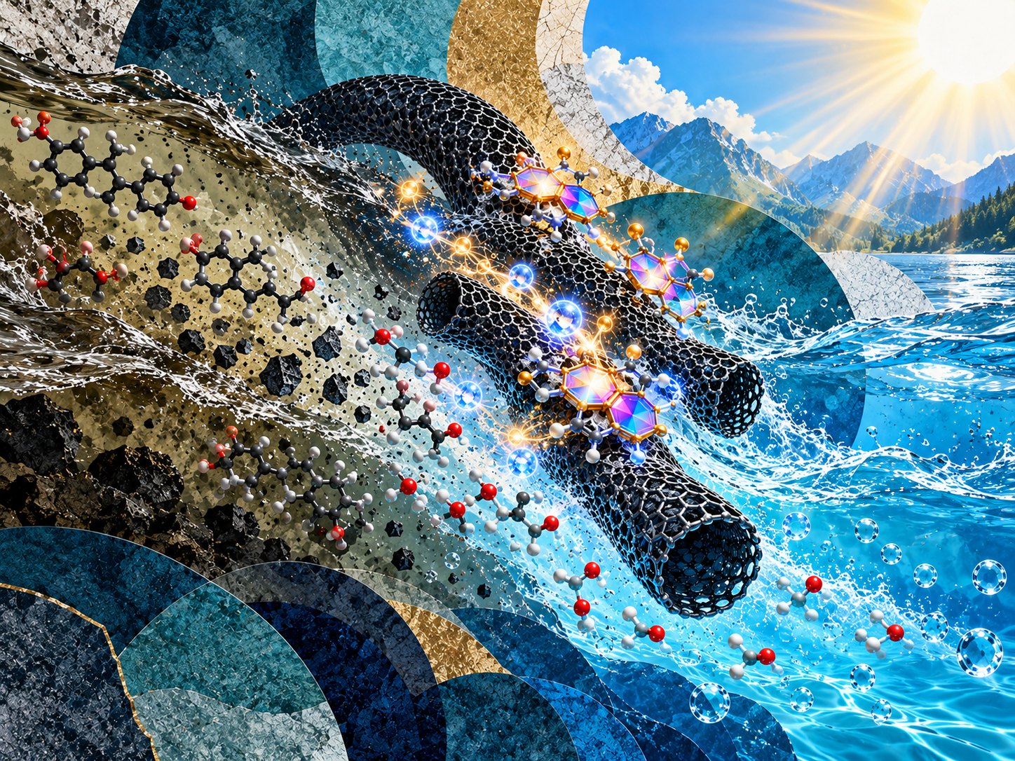 Paper: Design and development of a photochromic material based on spiropyran for Bisphenol A removal. AI-generated abstract conceptual image created using ChatGPT/OpenAI