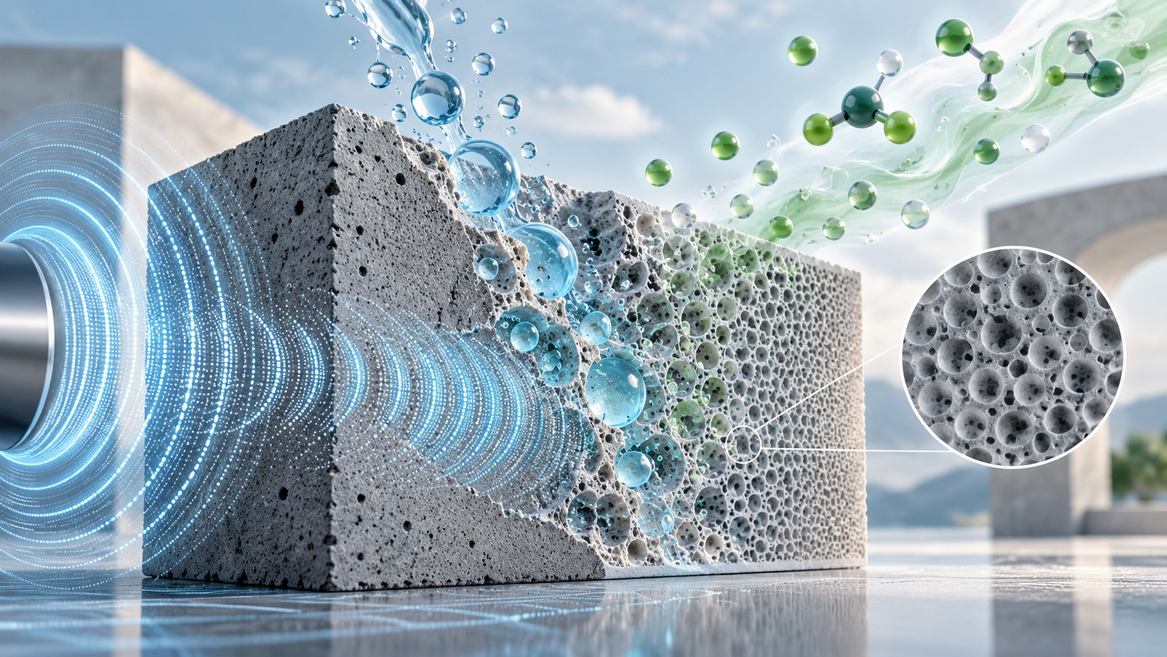 Paper: Multifunctional submicron-scale porous water-foamed cementitious materials. AI-generated abstract conceptual image created using ChatGPT/OpenAI