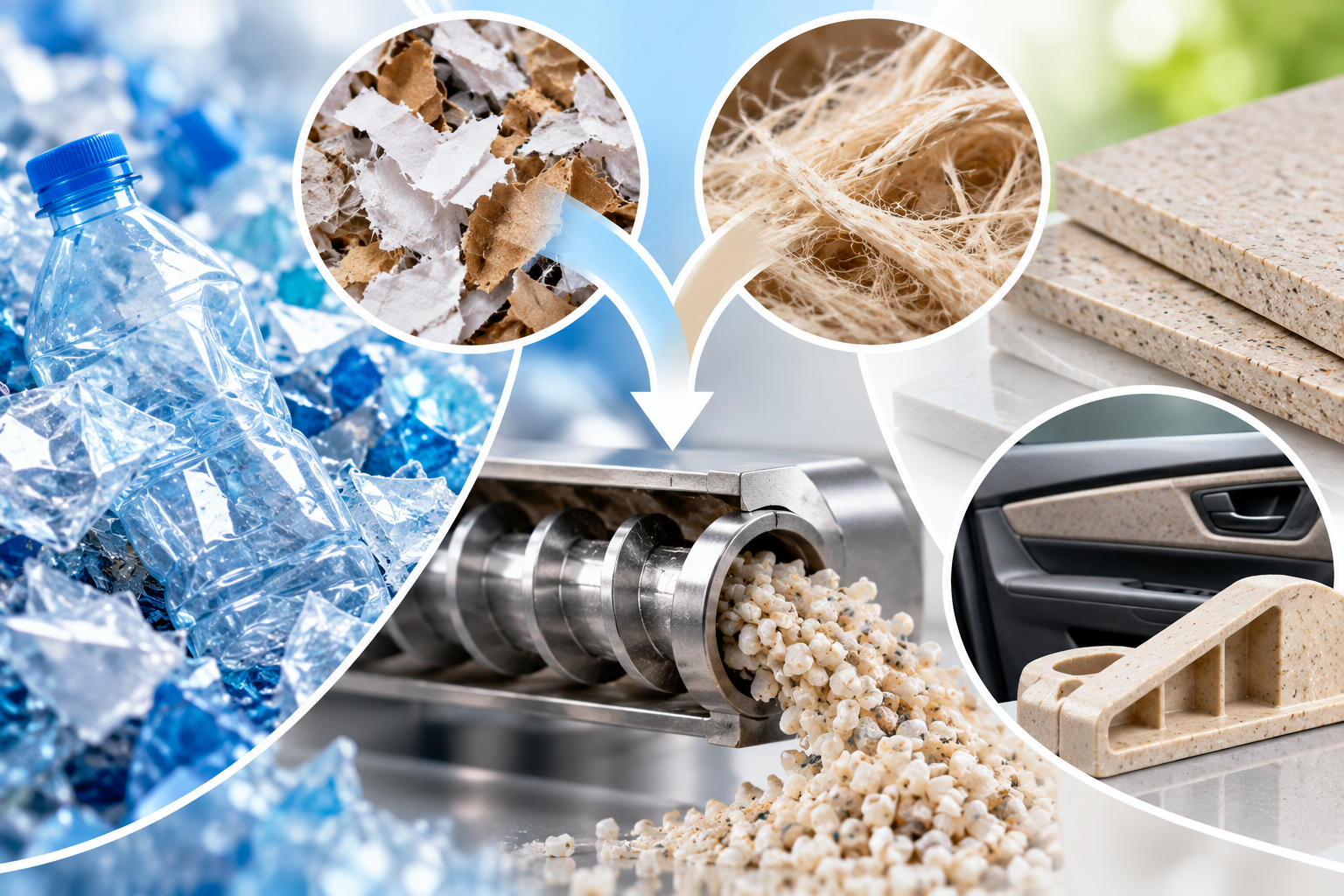 Paper: Contamination tolerant poly(ethylene terephthalate) composites from recycled feedstocks and cellulosic waste. AI-generated abstract conceptual image created using ChatGPT/OpenAI