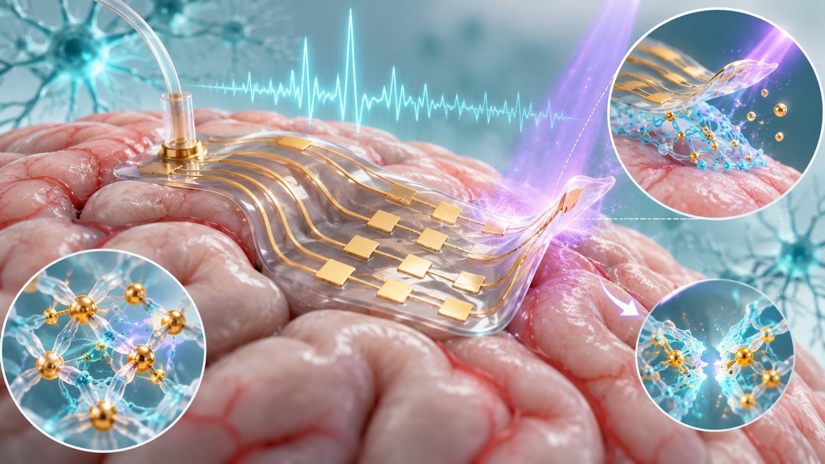 Paper: Light-regulated biomaterial interfaces enable flexible neural bioelectronics with stable adhesion and on-demand detachment for chronic electrophysiology. AI-generated abstract conceptual image created using ChatGPT/OpenAI