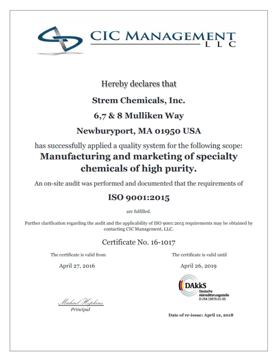 Continued Commitment to Quality: Strem Chemicals, Inc. Achieves ISO 9001:2015 Certification