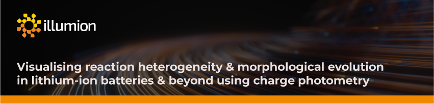 Illumion logo with tagline: ‘Visualising reaction heterogeneity & morphological evolution in lithium-ion batteries & beyond using charge photometry,’ over a blurred light trail background with an orange accent line.
