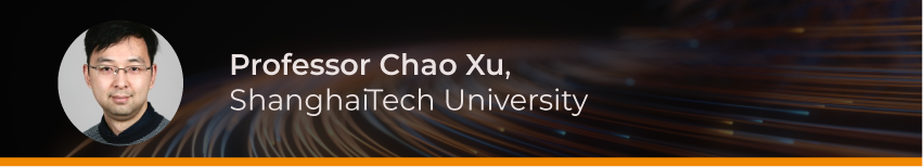 Headshot of Professor Chao Xu with text reading ‘Professor Chao Xu, ShanghaiTech University’ over a blurred light trail background with an orange accent line