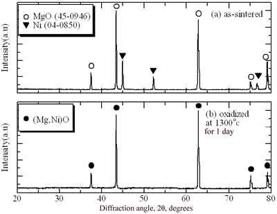 AZoJoMo - AZoM Journal of Materials Online - XRD pattern of sample surface of Ni/MgO. (a) as-sintered sample and (b) oxidized one at 1300˚C for 1 day.