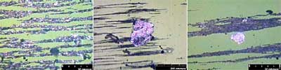 Photographs showing increased rubbing wear, large severe sliding aluminum particle and large aluminum fatigue flake