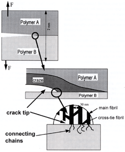 AZoM - metals, ceramics, polymers and composites : Schematic representation of the structure at the crack tip in a crazing material are shown at three length scales. It is assumed that only material A crazes. The whole of the craze consists of lain and cross-tie fibrils.