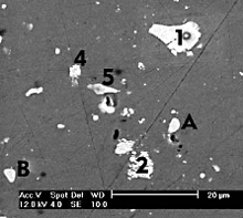 SEM image of approximately the same area as in Figure 2. EDS analysis indicated that particles 1-5 are Al-Cu-(Fe,Mn) inter-metallics, and that A, B are Al-Cu-Mg inter-metallics.