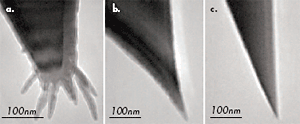 TEM micrographs of AFM probes. (a) Carbon spikes grown at the apex of Si etched probe; (b) Etched Si probe; (c) Diamond tip.