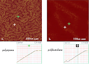 Force Volume maps of 500nm and 100nm areas of polystyrene-b-polybutadiene-b-polystyrene film showing surface locations with different mechanical properties. Brighter areas as one marked with a green cross are characterized by AvZ curve shown below (a) and common for polystyrene; darker areas as one marked with a blue cross – by AvZ curve shown below (b) and common for polybutadiene