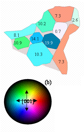 AZoM - The A to Z of Materials Online - TEM image and orientation of each grain determined by electron diffraction method. The degrees of tilting angle of the grains are assigned to the tone of color, and the directions of tilting are assigned to color variation.