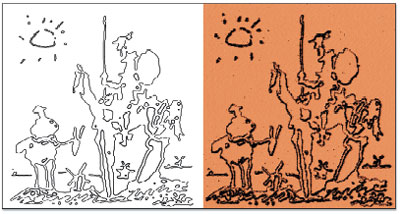 Coordinates of the imported JPEG line drawing (left) and AFM phase image (right) of nanolithographically etched polycarbonate, 5µm scan. The original JPEG scan is a copy of Pablo Picasso’s, “Don Quixote”.