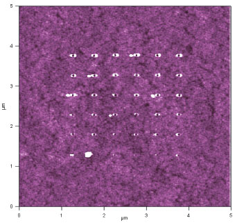 Arrays of pits created at different loading forces, 5µm scan.
