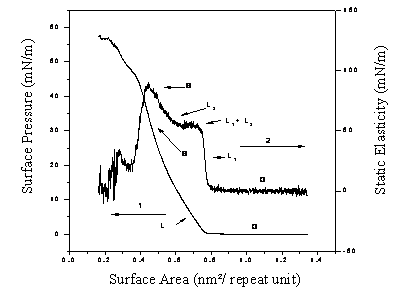 AZoJomo - The AZO Journal of Materials Online - The surface pressure (1) and static elasticity (2) vs. the surface area for every repeating unit.