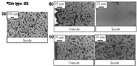 AZoJomo - The AZO Journal of Materials Online - Cross-sectional views of Ni-20Cr bodies sintered by PECS with SR die for 5 min at 700°C of die temperature.  a) 70 µm particle size and b), c) 5 µm particle size