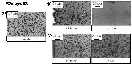 AZoJomo - The AZO Journal of Materials Online - Cross-sectional views of Ni-20Cr bodies sintered by PECS with SR die for 5 min at 700°C of die temperature. a) 70 µm particle size and b), c) 5 µm particle size