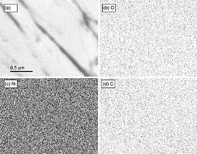 AZoNano - The A to Z of Nanotechnology - An X-ray map of a region of the as-plated sample, AP-ND, deposited from the diamond containing bath. (a) the original image with scale bar for all images, (b) a map of oxygen, (c) a map of nickel, and (d) a map of carbon are shown. No segregation of oxygen or carbon along grain boundaries can be seen.