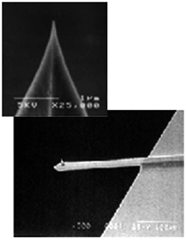 SEM micrograph of an etched single-crystal silicon AFM tip and tip/cantilever assembly