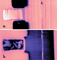 AFM (a) and LiftMode MFM (b) images of pole tip region on magnetoresistive (MR) read/write head used in computer hard drives. MFM image shows domain structure and MR sensor that cannot be seen in the AFM topography. 12μm scan