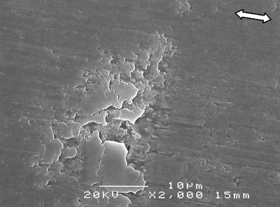 AZoJoMo - AZoM Journal of Materials Online - SEM micrographs of the worn surface of alumina - 5 vol% silicon carbide nanocomposites sintered at various temperatures 1500oC (ó : the sliding direction).