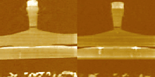 Tunneling current scans (left) measured on a magneto-resistive read/write head covered with a thin diamond-like carbon (DLC) film. Tunneling current image (right) of a similar head with defective DLC coating. 20£gm scans.