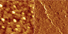 Topography (left) and tunneling current (right) images of a thin BaTiO3 ferroelectric film. 2£gm scan, 2 pA current scale.