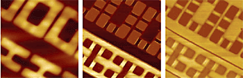 Height or topography (left), Capacitance (SCM) dC/dV amplitude (middle), and Capacitance (SCM) dC/dV phase (right) images of a conventional Silicon DRAM cell. Top metal and dielectric layers were etched to expose Silicon. The SCM dC/dV phase image differentiates ptype (bright color) and n-type (dark color) doped areas. npn and pnp transistors in DRAM cell are then clearly visualized, allowing extraction of critical parameters, e.g., effective gate length, and visualizing defects. The SCM dC/dV amplitude image shows relative magnitude of dopant concentration: bright color means larger depletion capacitance, and therefore, lower doped areas (e.g., well implant areas).